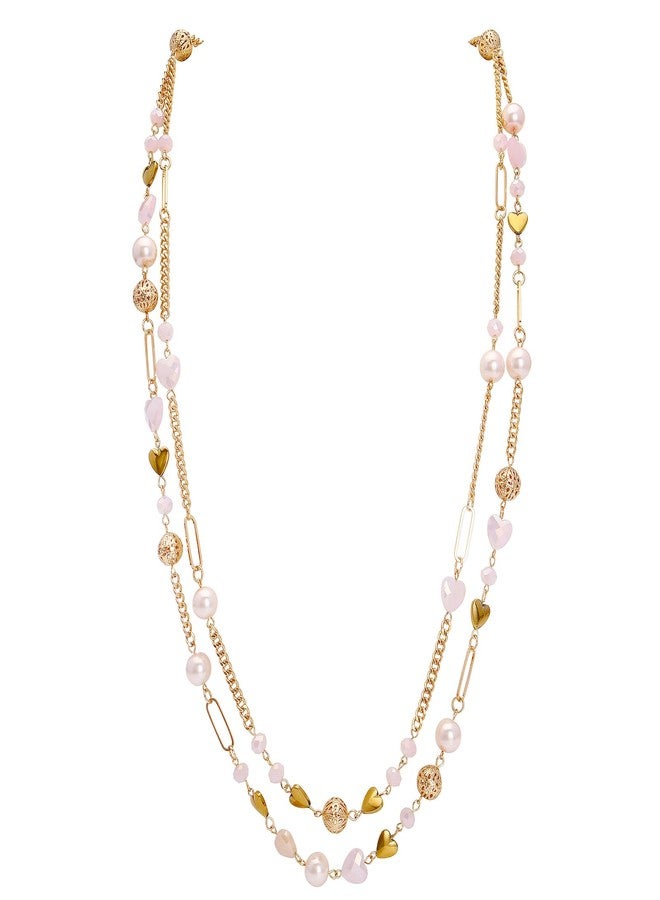 بوكار قلادة بوكار المزينة بالخرز، قلادة بسلسلة طويلة من طبقتين مع خرز كريستالي للنساء، هدية مجوهرات تشوكر (NK-10689-لون وردي فاتح) - Image 1