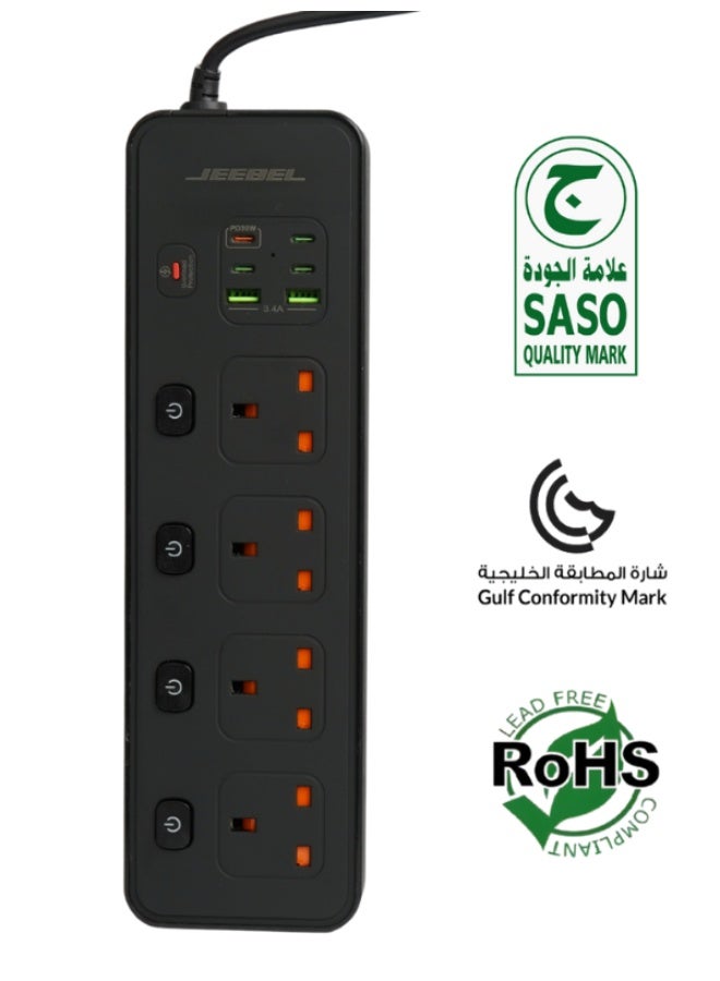 Jeebel Voltex JEEBEL Power Extension | 3250W High Power Output, 4 Independent UK Sockets + 2 USB + 4 USB-C PD Ports, 5-Meter Cable, Advanced Protection, SASO Certified - Image 1