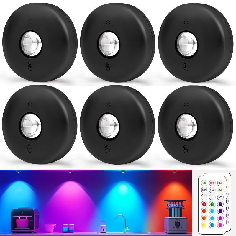 Aokpsrt LED Puck Lights with Remote Control 13 Colors Battery Operated Tap Lights Dimmer Timer Magnetic Under Cabinet Light Wireless Stick on Light for Closet Bedroom Kitchen Black 6Pcs - Image 2