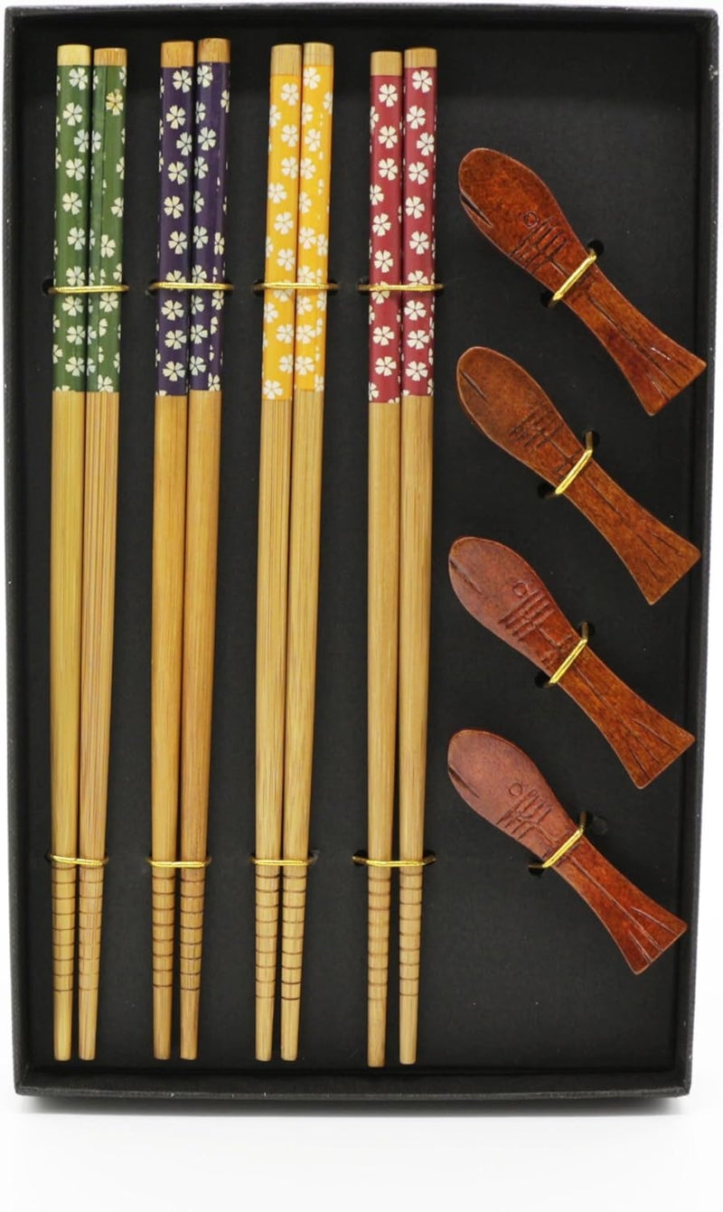 Exzact Chopsticks Gift Set 4 Pairs Reusable Natural Bamboo with 4 pcs Wooden Chopstick Rests – in a Beautiful Black Handmade Box – Decorated Japanese Style - Image 4