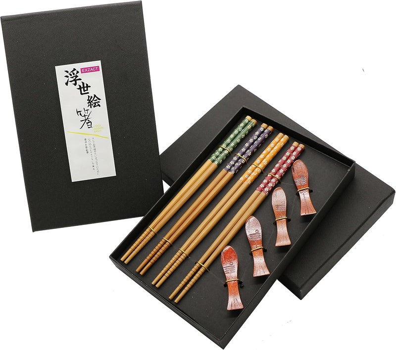 Exzact Chopsticks Gift Set 4 Pairs Reusable Natural Bamboo with 4 pcs Wooden Chopstick Rests – in a Beautiful Black Handmade Box – Decorated Japanese Style - Image 1