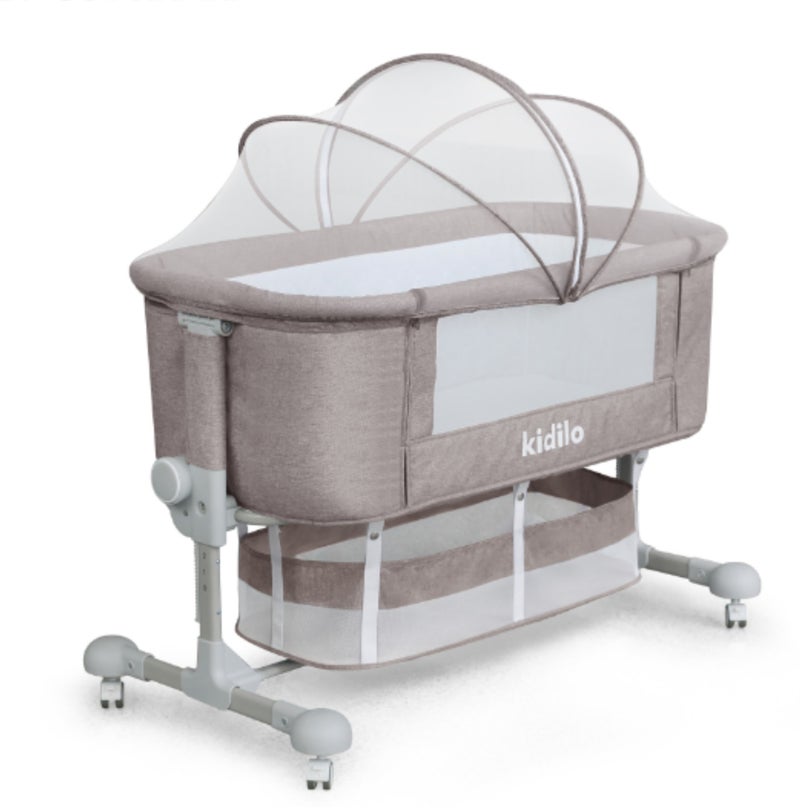 Kidilo BP-301 Bedside Baby Bassinet | Adjustable Height Sleeping Crib | Breathable Mesh Sides | Foldable Mosquito Net Canopy | Lockable Wheels | Storage Basket | Newborn Sleeper for Home Use - Image 1
