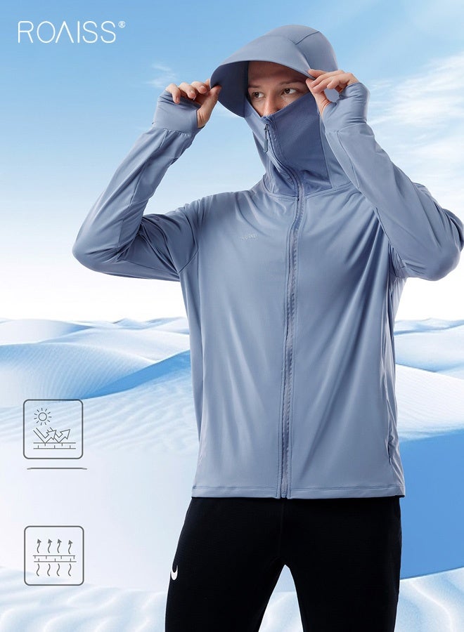 roaiss Men's UV Protection Sunscreen Hoodie, Full Zip Sun Protection Clothing, Lightweight with UPF 50+ Protection for Outdoors, with Pockets and Brim Denim Blue - Image 2