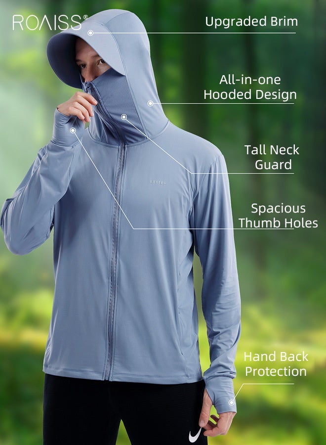 roaiss Men's UV Protection Sunscreen Hoodie, Full Zip Sun Protection Clothing, Lightweight with UPF 50+ Protection for Outdoors, with Pockets and Brim Denim Blue - Image 3