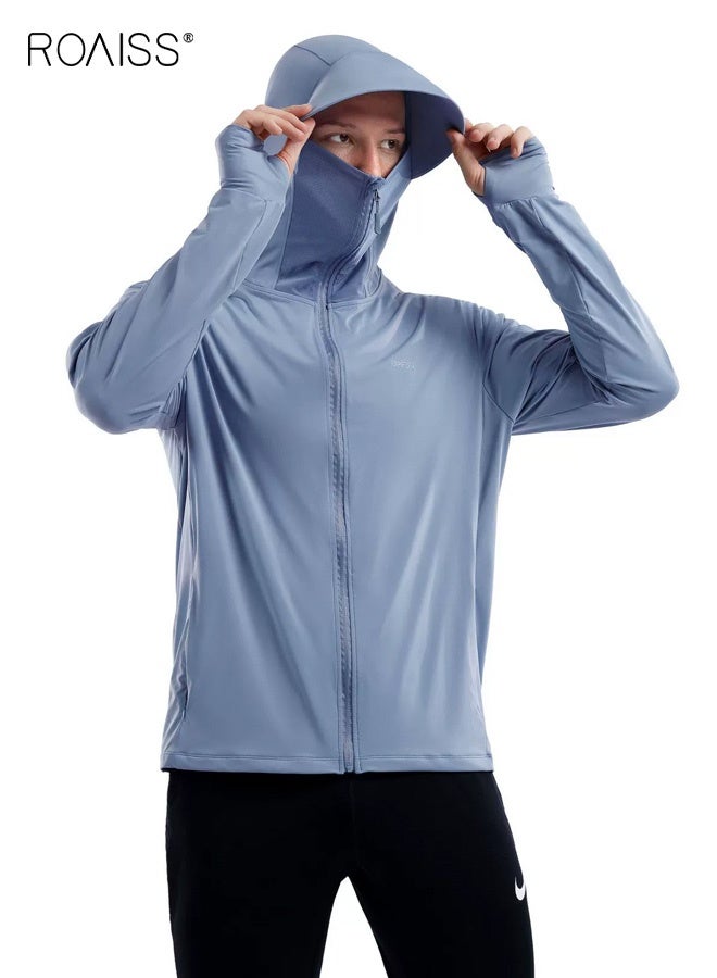 roaiss Men's UV Protection Sunscreen Hoodie, Full Zip Sun Protection Clothing, Lightweight with UPF 50+ Protection for Outdoors, with Pockets and Brim Denim Blue - Image 1