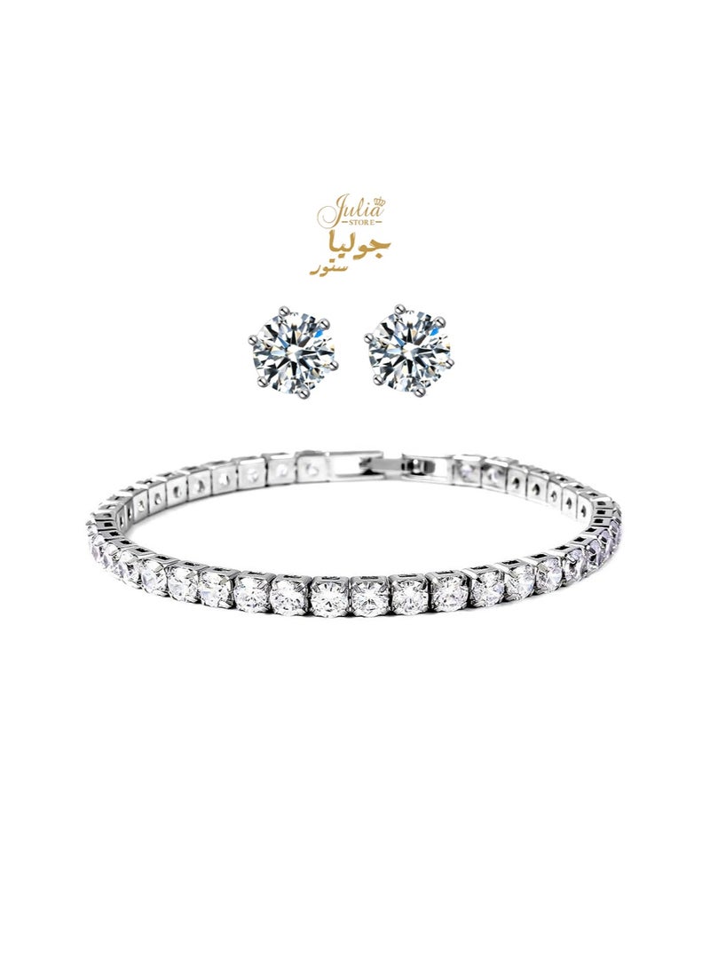 Julia Store Tennis Bracelet & Stud Earrings Set - Cubic Zirconia Jewelry Set for Women in White Gold Plated - 7" Bracelet Length Birthday Gifts for Women By Julia Store  - Image 1