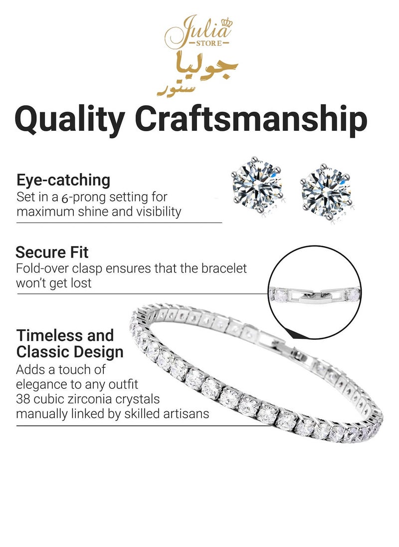 Julia Store Tennis Bracelet & Stud Earrings Set - Cubic Zirconia Jewelry Set for Women in White Gold Plated - 7" Bracelet Length Birthday Gifts for Women By Julia Store  - Image 2