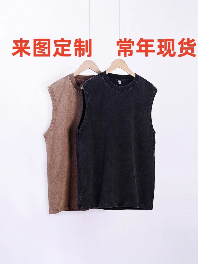 230G Cotton Old Sleeveless T-Shirt Men And Women With Washed Vintage Vest Printed Logo - Image 2