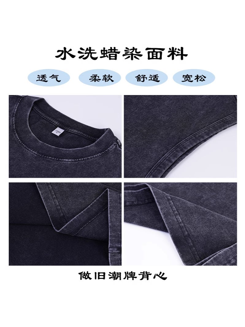 230G Cotton Old Sleeveless T-Shirt Men And Women With Washed Vintage Vest Printed Logo - Image 3