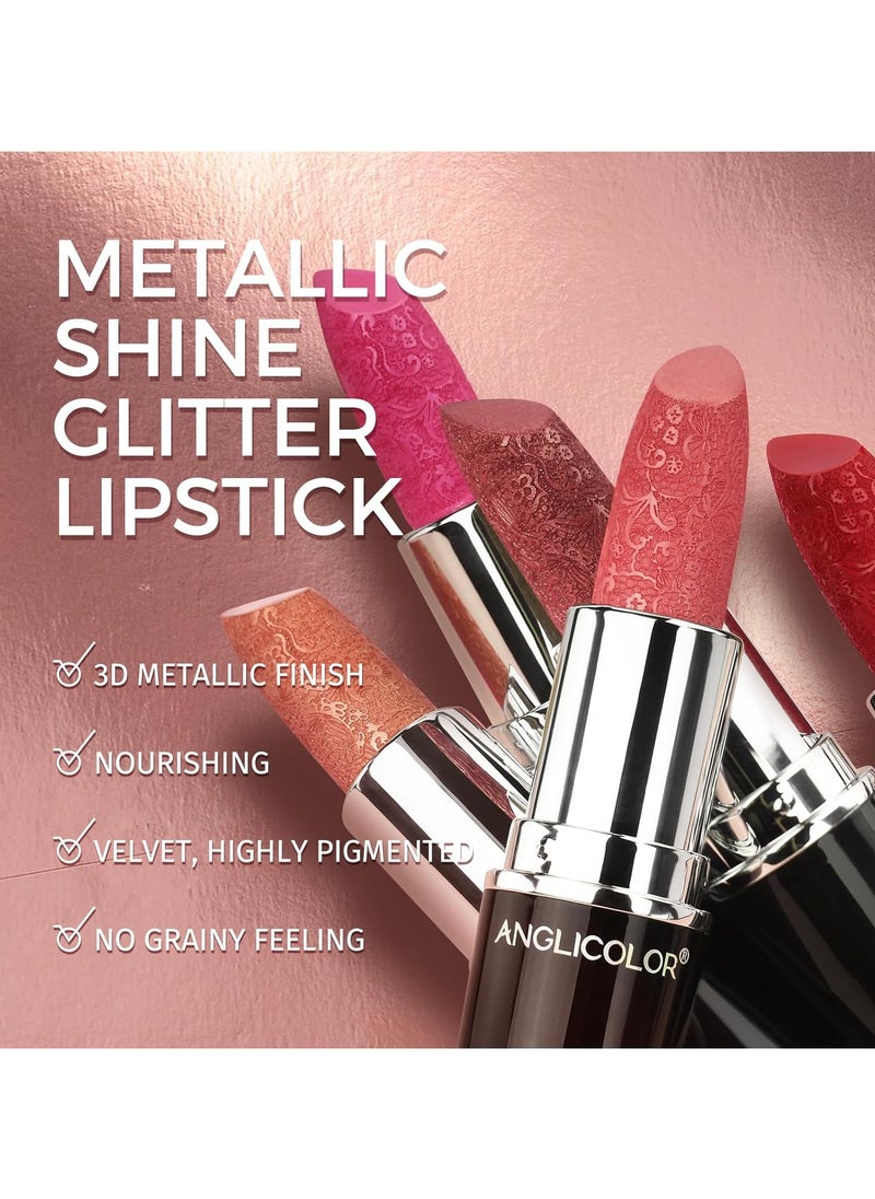 Anglicolor Glitter Lipstick High Impact Lipcolor,Nude Lipstick Moisturizing Creamy Formula,Metallic Lipstick For Women For Vegan and Cruelty-Free,Full-Coverage Lip Color, 07#PURE ENVY  - Image 2