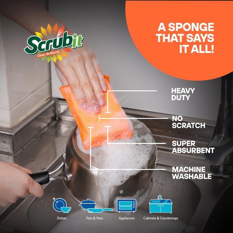 SCRUBIT Reusable Sponges for Dishes - 12 Pack Microfiber Sponges Kitchen Dish Scrubber, Machine Washable & Non-Scratch Scrubbers (Orange) - Image 3