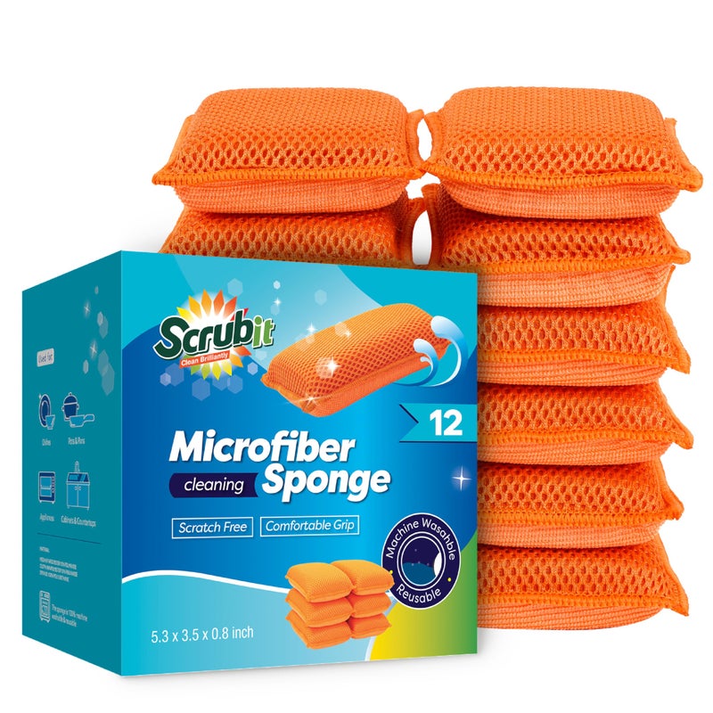 SCRUBIT Reusable Sponges for Dishes - 12 Pack Microfiber Sponges Kitchen Dish Scrubber, Machine Washable & Non-Scratch Scrubbers (Orange) - Image 1