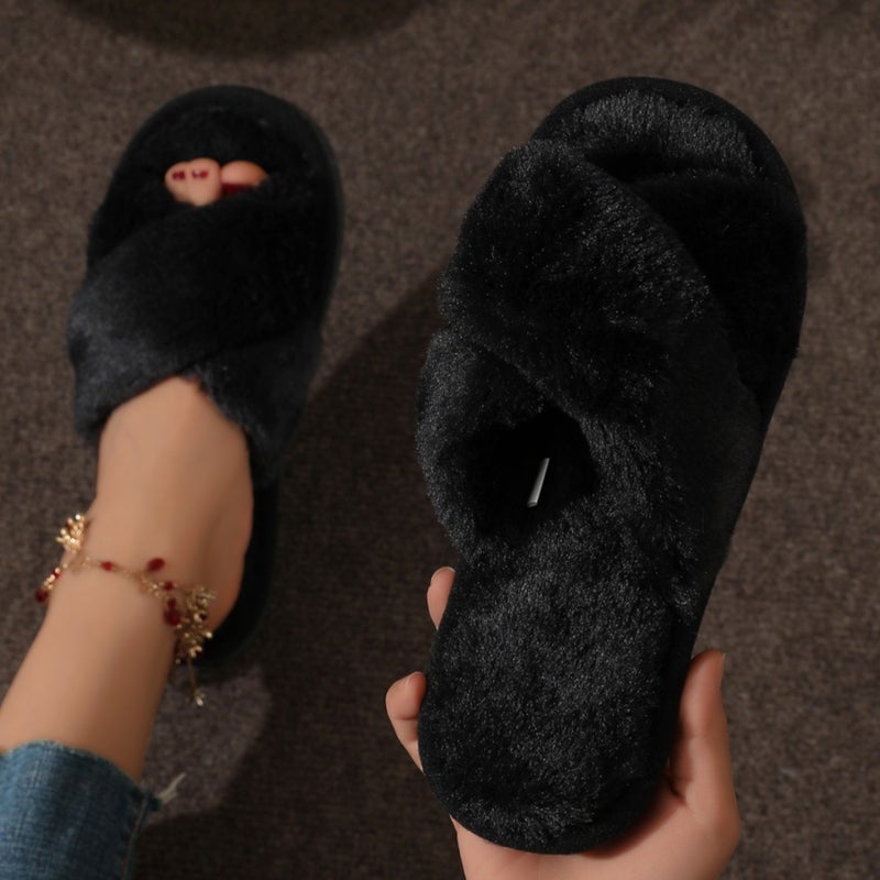 Cross Strap Faux Fur Slippers, Open Toe, Non-slip, Warm - Image 3