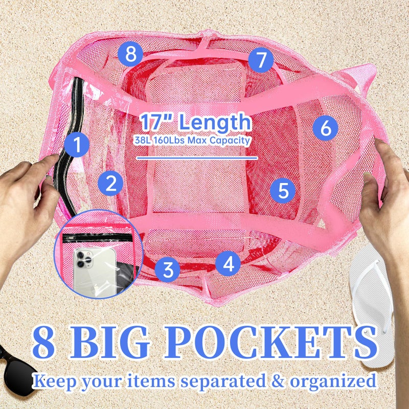 Yunaeduo Extra Large Mesh Beach Bag - Lightweight & Foldable Family Beach Bag with 9 Pockets for Toys, Towels & Vacation Essentials - Pink - Image 5