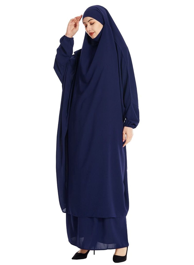 إسكدنيا Women's 2-Piece Solid Color Abaya Set Batwing Sleeve Abaya Thobe Robe And Half Skirt Suit Navy Blue  - Image 1