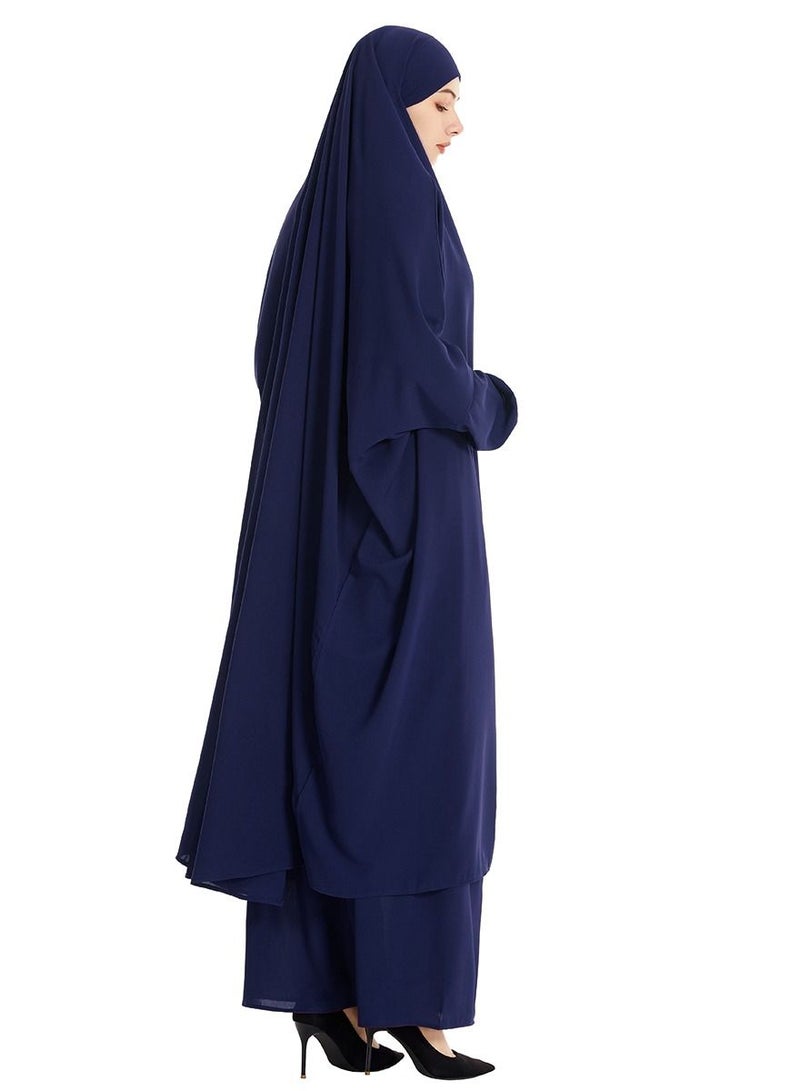 إسكدنيا Women's 2-Piece Solid Color Abaya Set Batwing Sleeve Abaya Thobe Robe And Half Skirt Suit Navy Blue  - Image 2