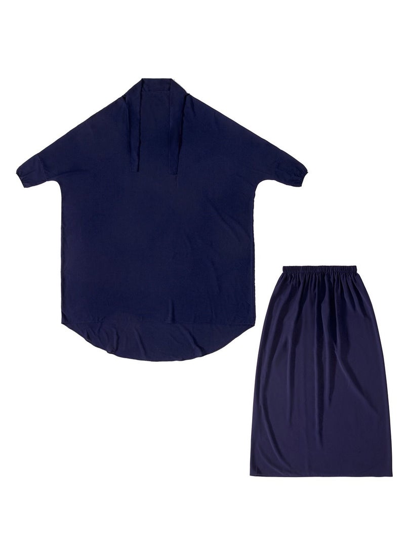 إسكدنيا Women's 2-Piece Solid Color Abaya Set Batwing Sleeve Abaya Thobe Robe And Half Skirt Suit Navy Blue  - Image 3