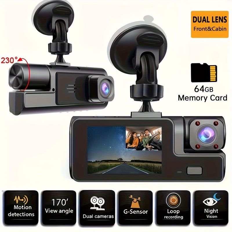 Dual Camera Dash Cam 1080P Front And 720P Interior Recording With Loop Recording Wide Angle Lens Inside And Outside Vehicle With 64GB Memory Card - Image 1