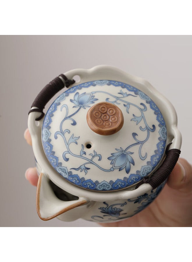 Tangfeng Ru Kiln Handmade Tea Set With Teapot, Tea Cups, And Saucers - High-end Tea Set In Beige With Floral Design, One Pot And Four Cups With White Tray - Image 2