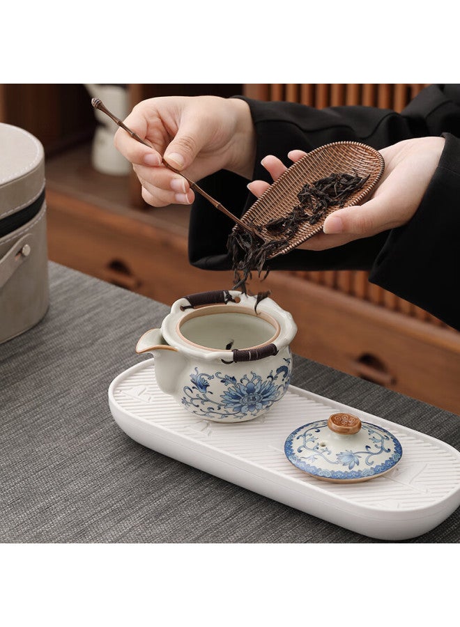 Tangfeng Ru Kiln Handmade Tea Set With Teapot, Tea Cups, And Saucers - High-end Tea Set In Beige With Floral Design, One Pot And Four Cups With White Tray - Image 5