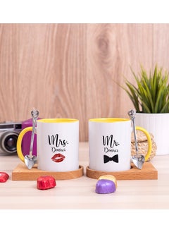 Hediye Dükkanı Gift Shop Personalized Mr Mrs Designed Double Wooden Coaster Yellow Mug 
