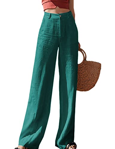 Hooever Womens Casual High Waisted Wide Leg Pants Button Up Straight Leg TrousersTealM