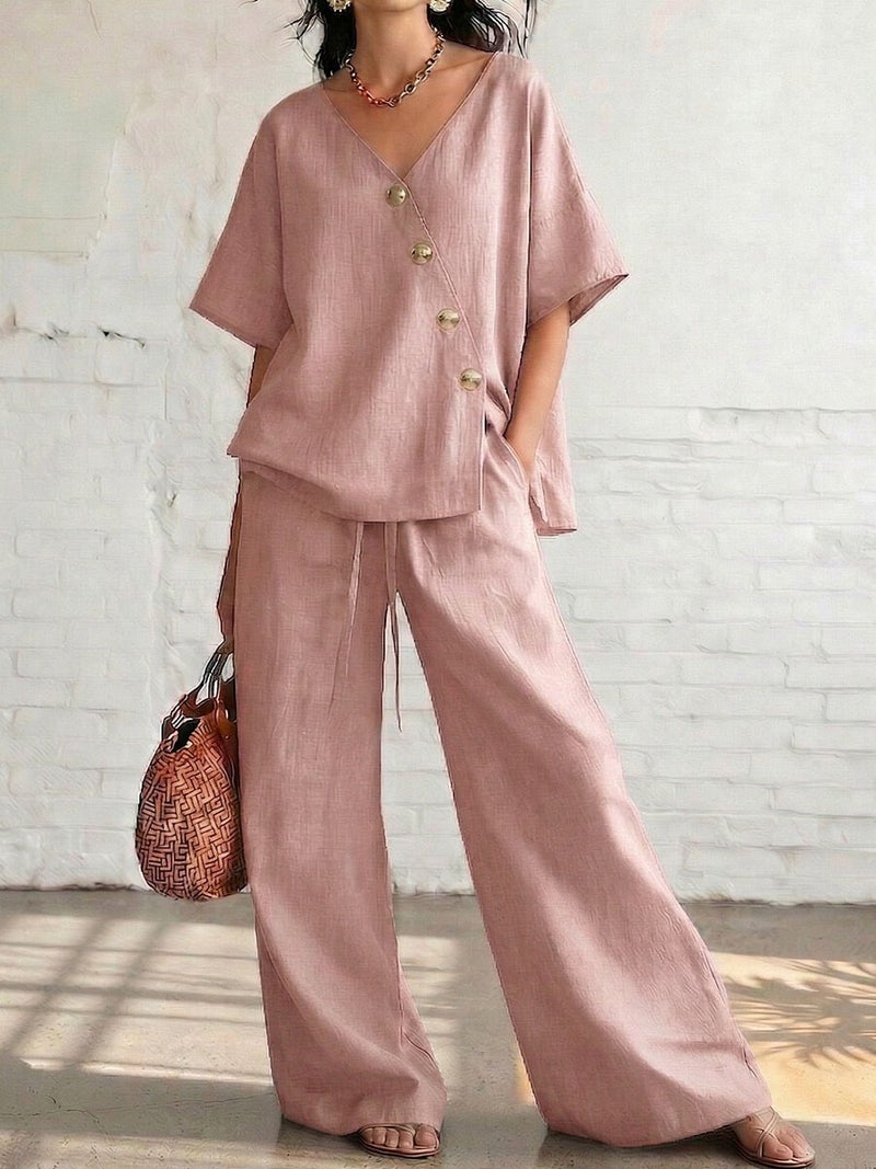 and Women''s Fashion Two-Piece Set: Solid Color V-Neck Cardigan Top, Short-Sleeve Drawstring Straight-Leg Wide-Leg Pants, Casual - Image 1