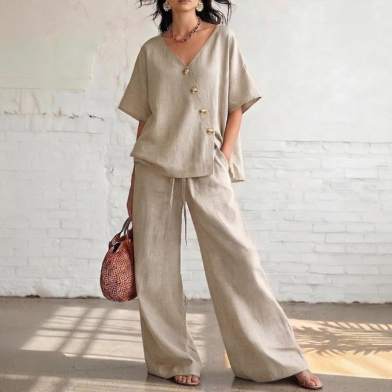 and Women''s Fashion Two-Piece Set: Solid Color V-Neck Cardigan Top, Short-Sleeve Drawstring Straight-Leg Wide-Leg Pants, Casual - Image 3