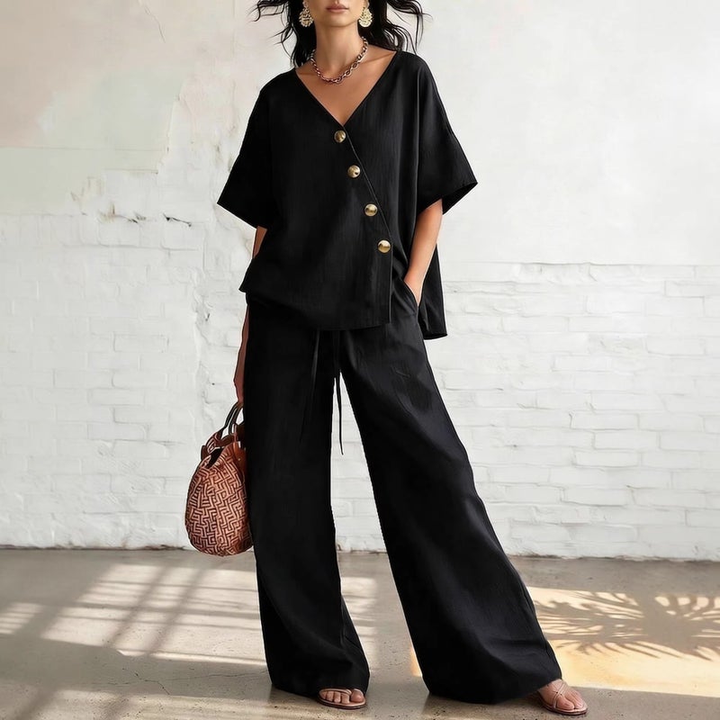 and Women''s Fashion Two-Piece Set: Solid Color V-Neck Cardigan Top, Short-Sleeve Drawstring Straight-Leg Wide-Leg Pants, Casual - Image 5