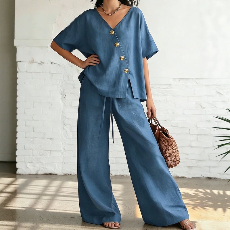 and Women''s Fashion Two-Piece Set: Solid Color V-Neck Cardigan Top, Short-Sleeve Drawstring Straight-Leg Wide-Leg Pants, Casual - Image 2