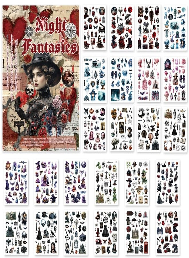 Bomichi Washi Stickers for Scrapbook, 24 Sheets Goth Sticker Book for Journaling, Dark Aesthetic Pre-Cut Stickers Book for Junk Journal Supplies Collage DIY Crafts Phone Cases Adult - Image 1