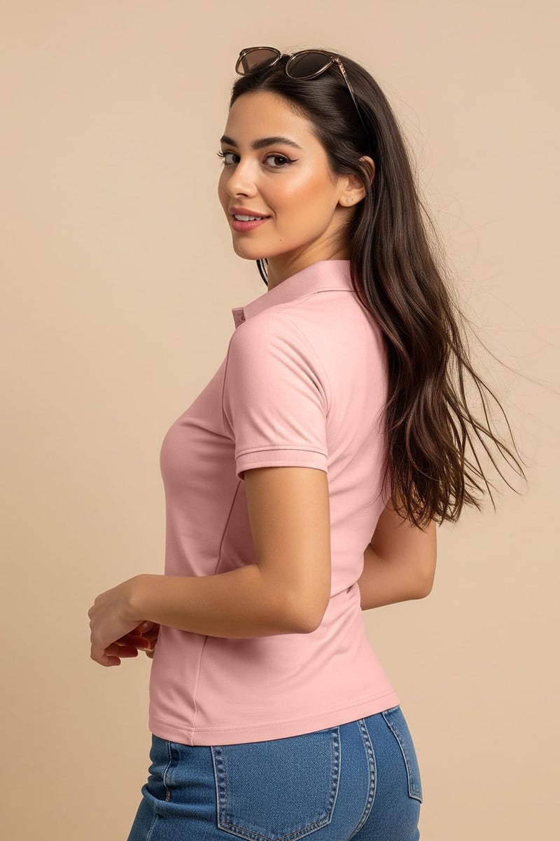JUNEBERRY® Pure Cotton Regular Fit Plain Solid Classic Polo Collar Half Sleeve T-Shirt for Women (Polo_JB_PNK_L) - Image 5