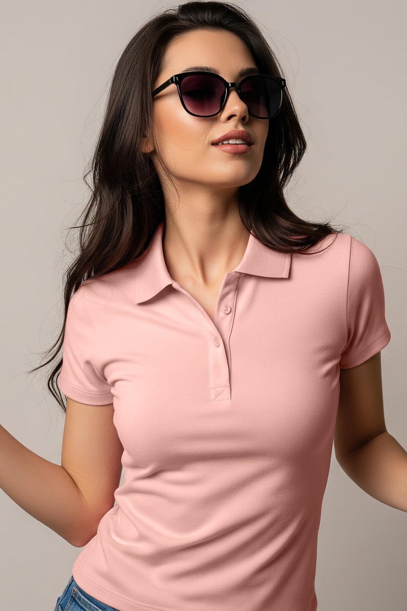 JUNEBERRY® Pure Cotton Regular Fit Plain Solid Classic Polo Collar Half Sleeve T-Shirt for Women (Polo_JB_PNK_L) - Image 2