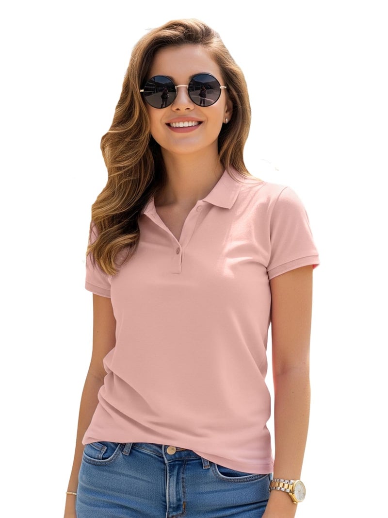 JUNEBERRY® Pure Cotton Regular Fit Plain Solid Classic Polo Collar Half Sleeve T-Shirt for Women (Polo_JB_PNK_L) - Image 1