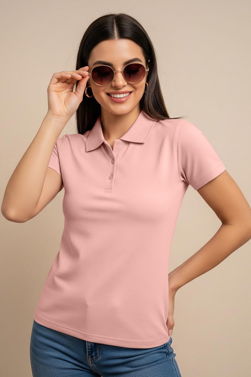 JUNEBERRY® Pure Cotton Regular Fit Plain Solid Classic Polo Collar Half Sleeve T-Shirt for Women (Polo_JB_PNK_L) - Image 4