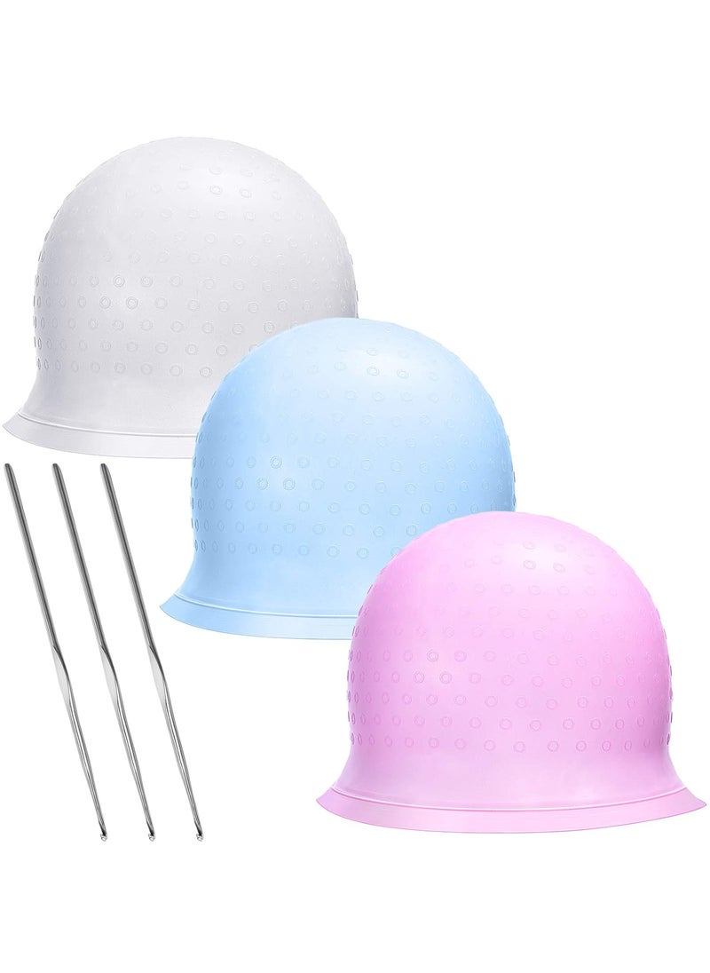 WILLBOND 3 Pieces Reusable Silicone Hair Staining Cap Multicolor Hair Coloring Dye Cap with Metal Hook Silicone Hair Coloring Cap for Home Salon Hairdressing Tools Blue White Purple 