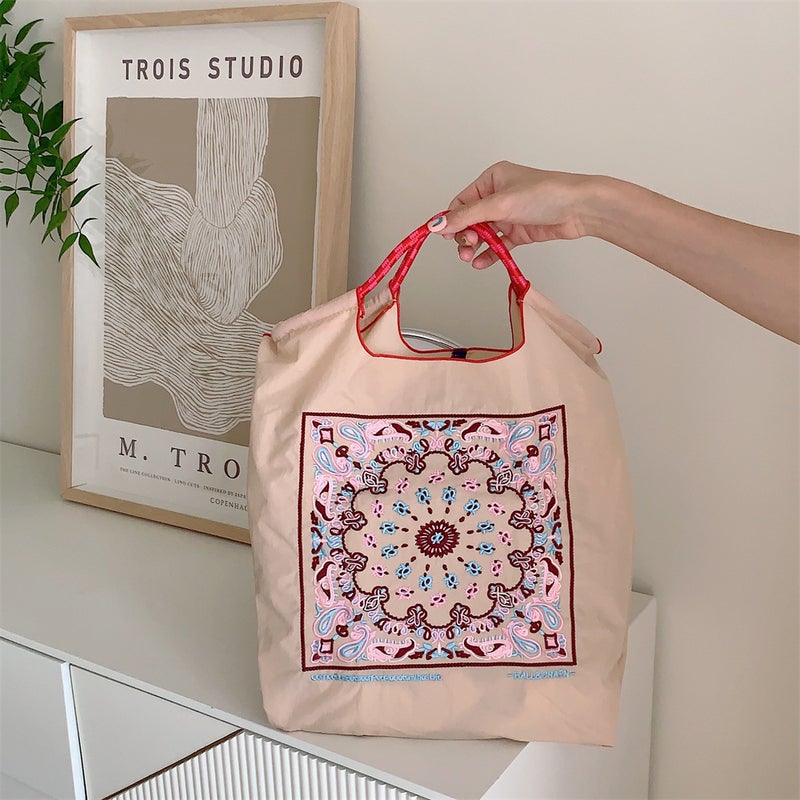 Japanese Embroidered Tote Nylon Shoulder Bag Eco-FriendlyLarge Beige Cashew Flower Large Beige Cashew Flower