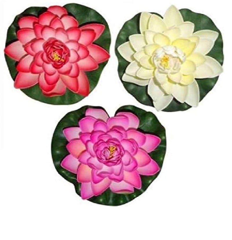 Coolkart Floating Lotus Large Red White Pink Assorted Artificial Flower 7 inch Pack of 3 MultiColor Lotus Artificial Flower 7 inch Pack of 3
