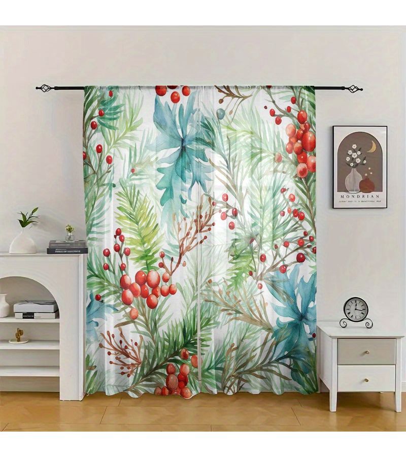 2pcs Multi Color Winter Pine Cone And Red Fruit Decorative Printed Curtains Vibrant Natural Design Polyester Blackout Rod Pocket Modern Style Suitable For Bedroom Bathroom Living Room Dining Room Study Office 52x84 Inches - Image 1
