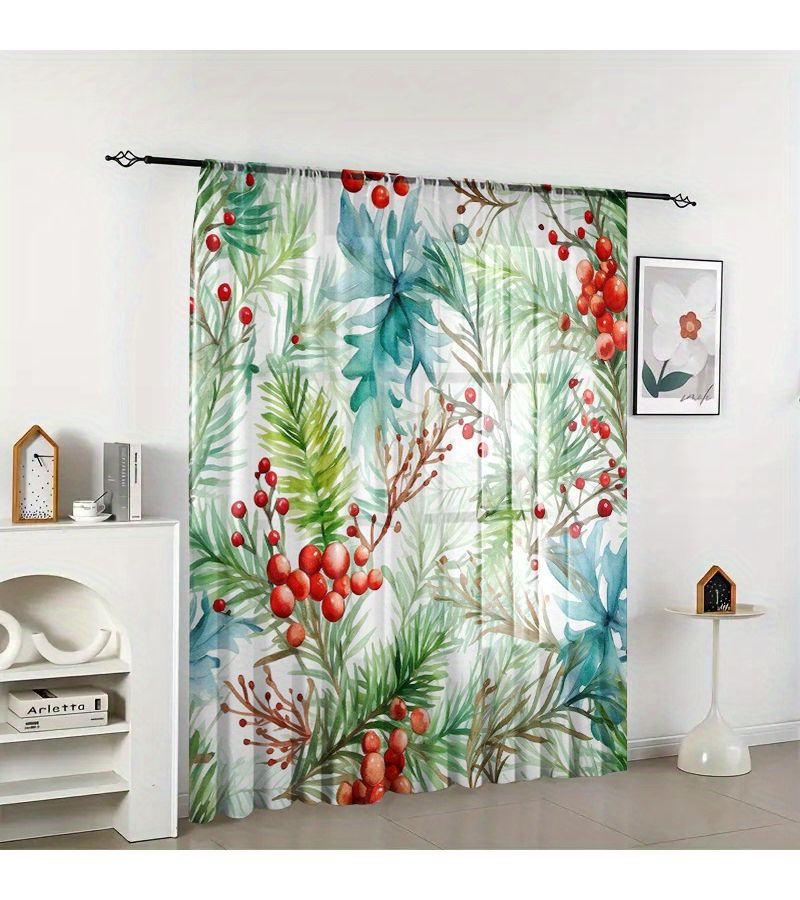 2pcs Multi Color Winter Pine Cone And Red Fruit Decorative Printed Curtains Vibrant Natural Design Polyester Blackout Rod Pocket Modern Style Suitable For Bedroom Bathroom Living Room Dining Room Study Office 52x84 Inches - Image 5