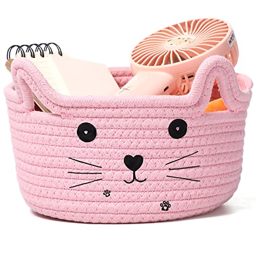 Zopeal Cat Basket Storage Woven Organizer with Ears Easter Decorative Gift Pet Toy Cute Cotton Rope Basket for Gift Cat Dog Toy Bin Nursery Room83 x 47 InchPink - Image 1