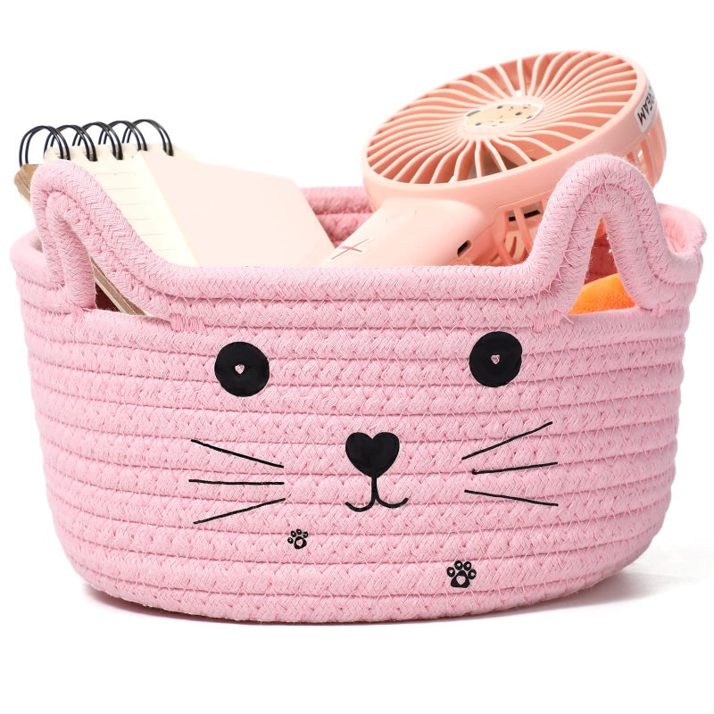 Zopeal Cat Basket Storage Woven Organizer with Ears Easter Decorative Gift Pet Toy Cute Cotton Rope Basket for Gift Cat Dog Toy Bin Nursery Room83 x 47 InchPink - Image 2