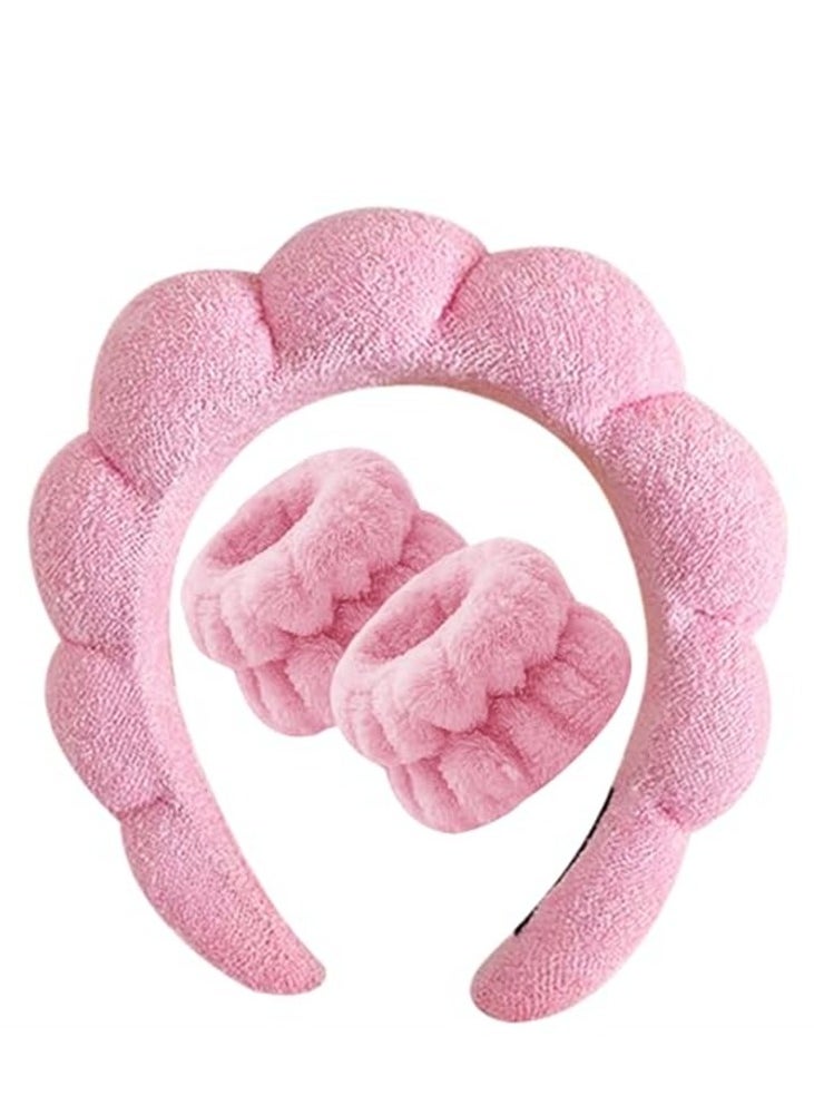 VIUAUAX Spa Headband for Washing Face Wristband Set Sponge Makeup Skincare Headband Terry Cloth Bubble Soft Get Ready Hairband Women Girl Puffy Padded Headwear Non Slip Thick Hair Accessory  - Image 1