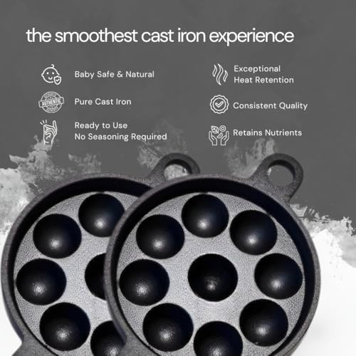NUTRION Cast Iron Paniyaram Pan | Small, 9pit, 8.2 Inch / 20.8cm | Induction Friendly | Nonstick, Pre-Seasoned, 100% Pure & Toxin-Free, No Chemical Coating, Black - Image 2