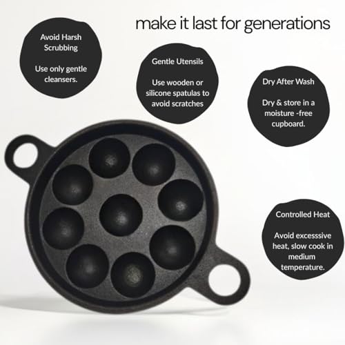 NUTRION Cast Iron Paniyaram Pan | Small, 9pit, 8.2 Inch / 20.8cm | Induction Friendly | Nonstick, Pre-Seasoned, 100% Pure & Toxin-Free, No Chemical Coating, Black - Image 5