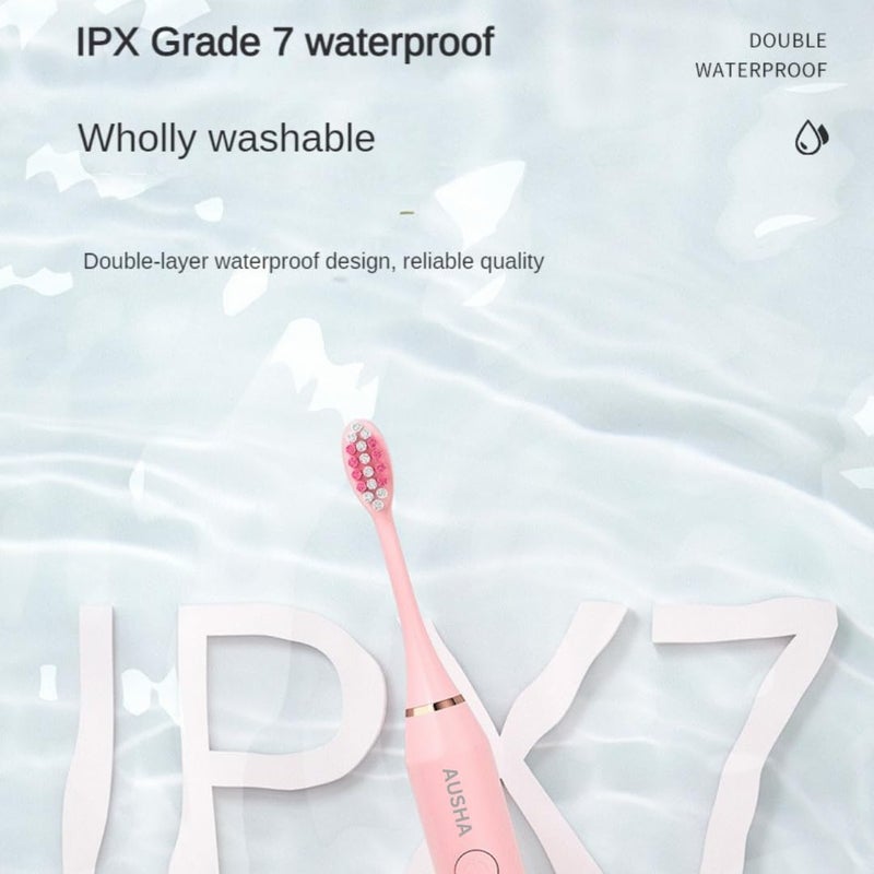 AUSHA فرشاة أسنان كهربائية ذكية وردية للرجال والنساء - فرشاة أسنان أوتوماتيكية تهتز صوتيًا للبالغين قابلة لإعادة الشحن، 5 أوضاع، مؤقت ذكي، مقاومة للماء، عمر بطارية 60 يومًا، 2 رأس فرشاة إضافي - Image 4