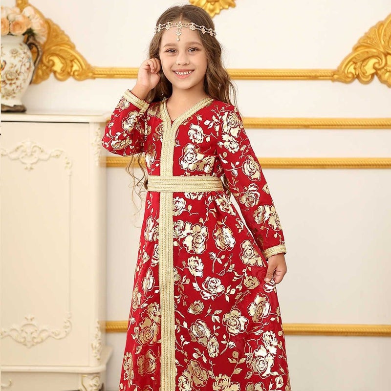 Girls' Floral Abaya Dress with Lace Trim - Red | Middle Eastern Style