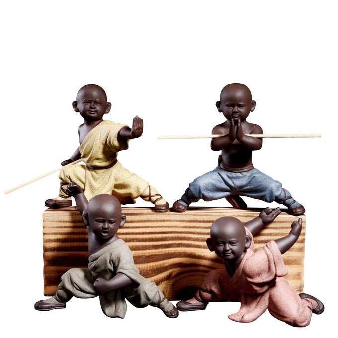CERAMIC CUTE BUDDHA STATUE ADORABLE MONK FIGURINES DELICATE CHINESE FOUR STYLE KUNG FU MONKS SET OF 4 MONK SCULPTURES FOR HOME DECOR TABLETOP DISPLAY ORNAMENTS DECORATION 47IN IN HEIGHT