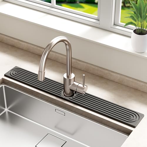 MAGKOTA Stone Faucet Mat for Kitchen Sink - Quick Dry Diatomite Sink Splash Guard, Prevents Moisture Buildup & Water Stains, Water Absorbing Stone Tray for Bathroom Countertop (Dark Gray, 30" x 4") - Image 1