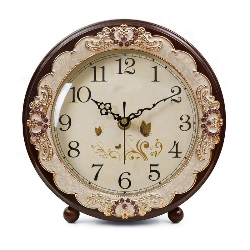 JUSTUP Justup Vintage Table Clock Retro NonTicking European Style Beside Desk Clock Battery Operated Silent Quartz Movement for Bedroom Living Room Indoor Decor Brown 